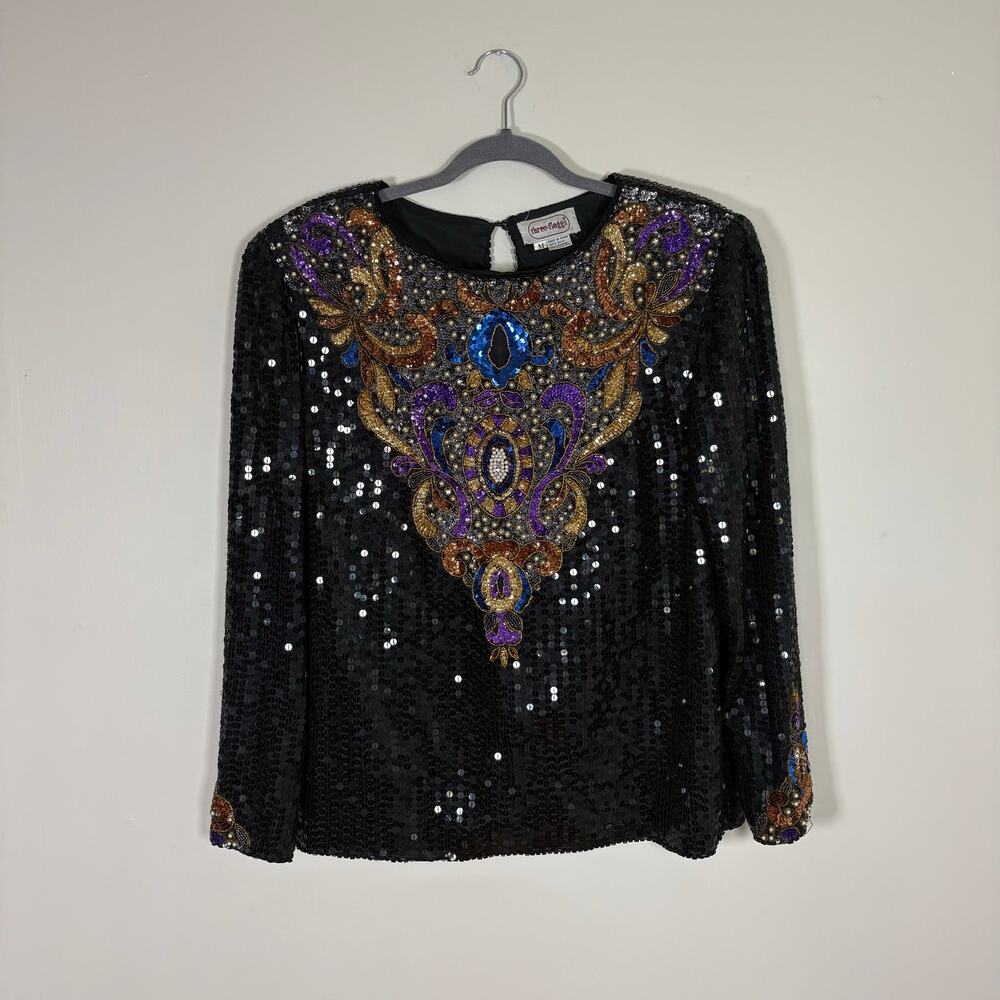 Vintage Disco Top 1980’s Three Flaggs Silk Beaded Black Purple Blue Sequins M